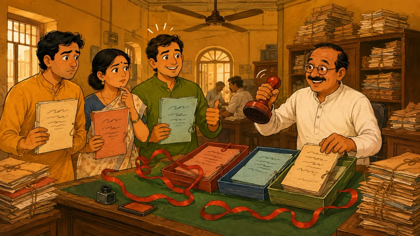 An Indian family sorting inheritance files with a revenue official