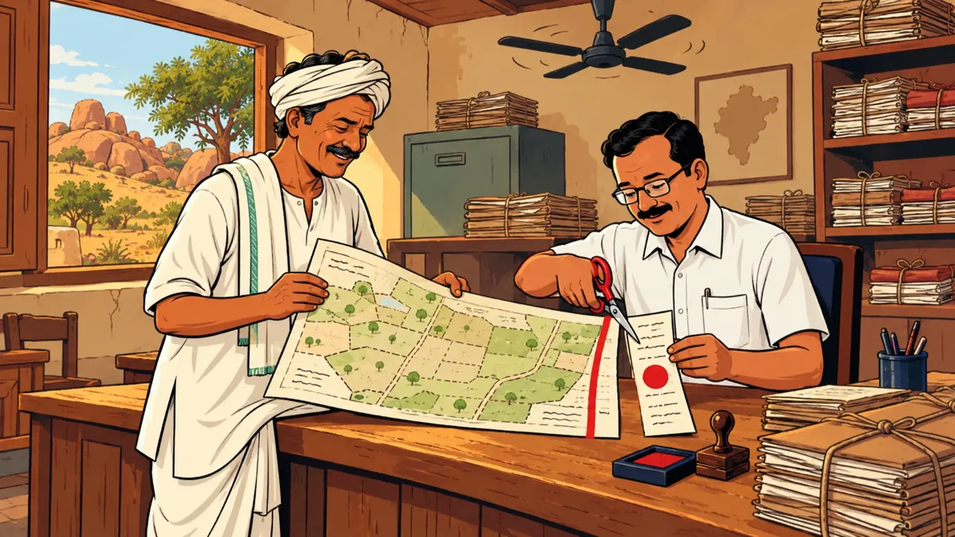 A Telangana farmer and revenue official separating a small acquired strip from a larger survey map wrapped in red tape
