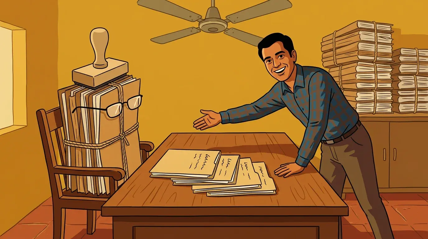 A cheerful buyer leans across a desk to shake hands with the seller's chair, which holds a jute-tied bundle of files wearing spectacles with a rubber stamp on top
