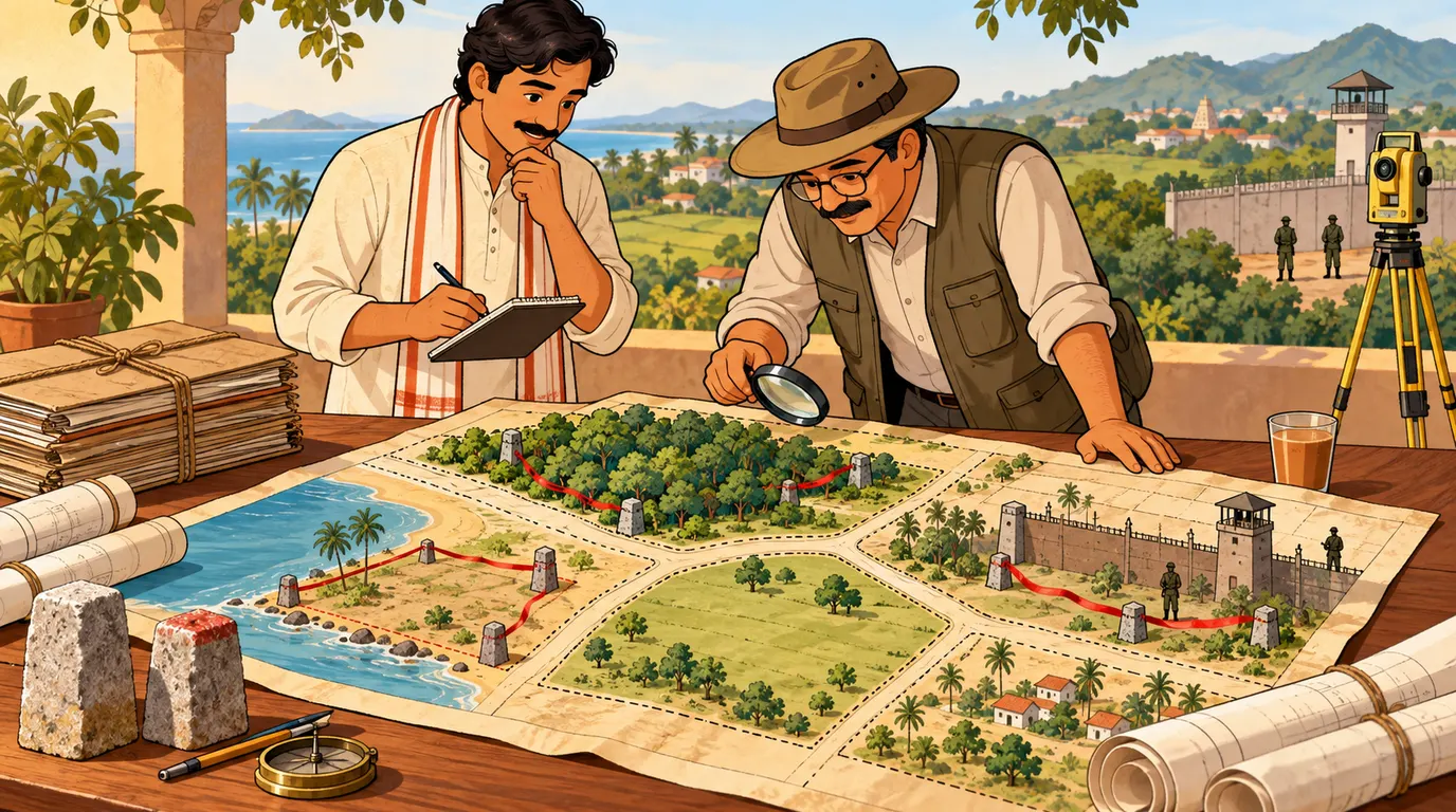 An Indian property buyer and surveyor inspect coastal, forest and restricted land parcels on a map