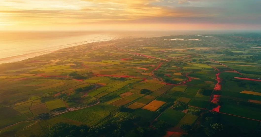 Aerial view of agricultural land parcels near the Indian coastline with red zone boundary markings, illustrating prohibited land categories under FEMA and CRZ regulations
