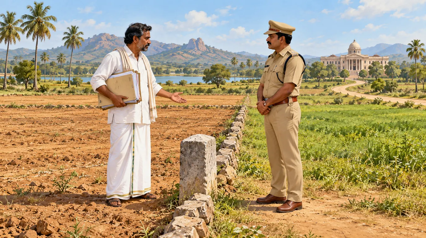 An Andhra Pradesh landowner with property documents speaks to a police officer across a marked field boundary, with a civil courthouse in the distance