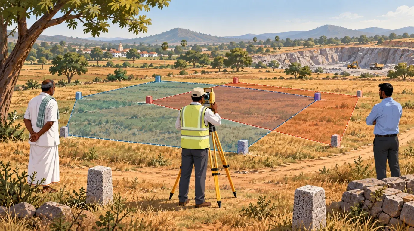 A government surveyor measures a Telangana field while two overlapping boundary outlines show conflicting land survey results