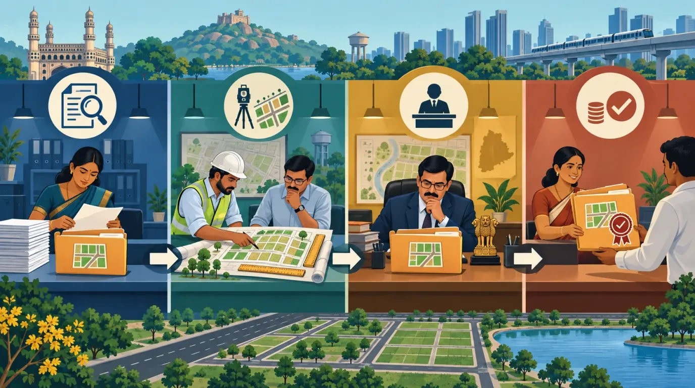 A Telangana layout regularisation application moves through document, technical, approval and completion stages