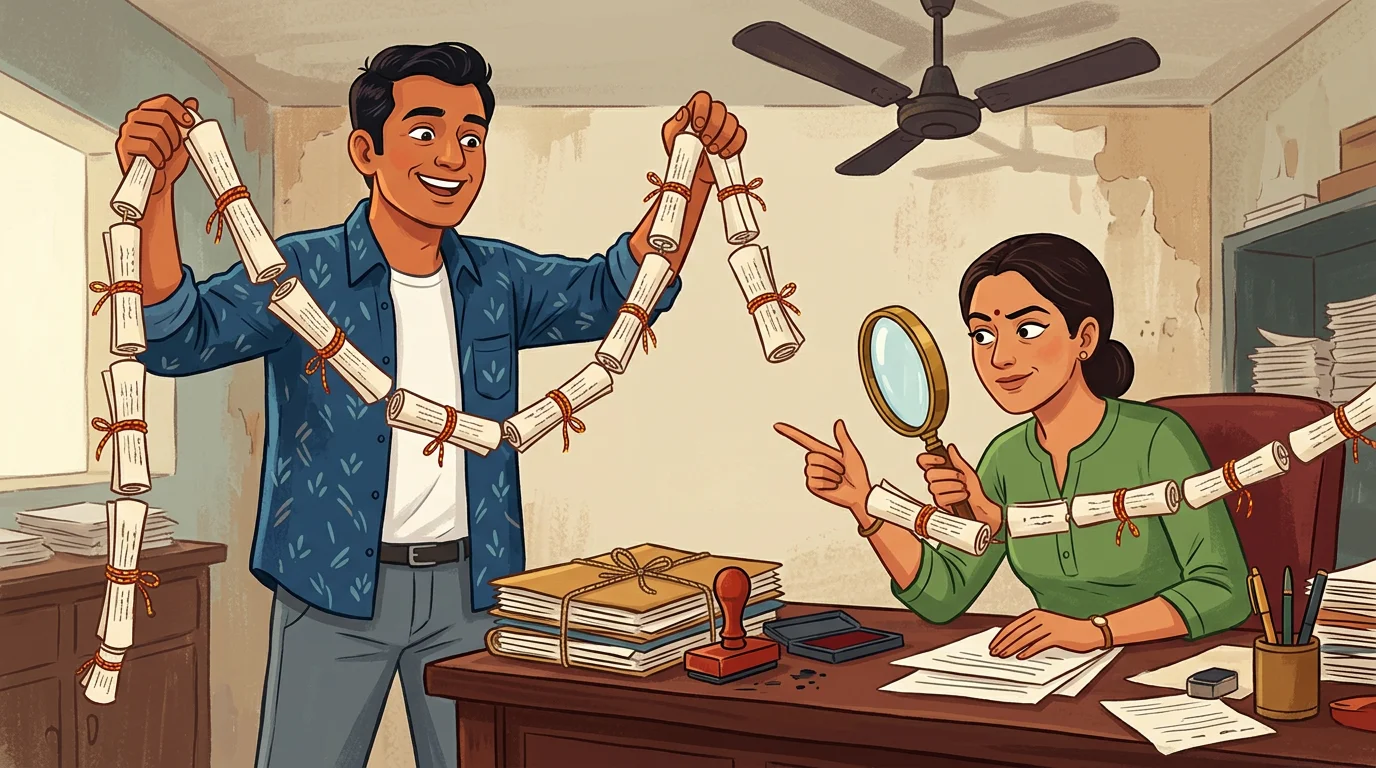 An NRI seller cheerfully holds up a chain of property deed scrolls with one link missing, while a buyer's lawyer points at the gap through a magnifying glass.