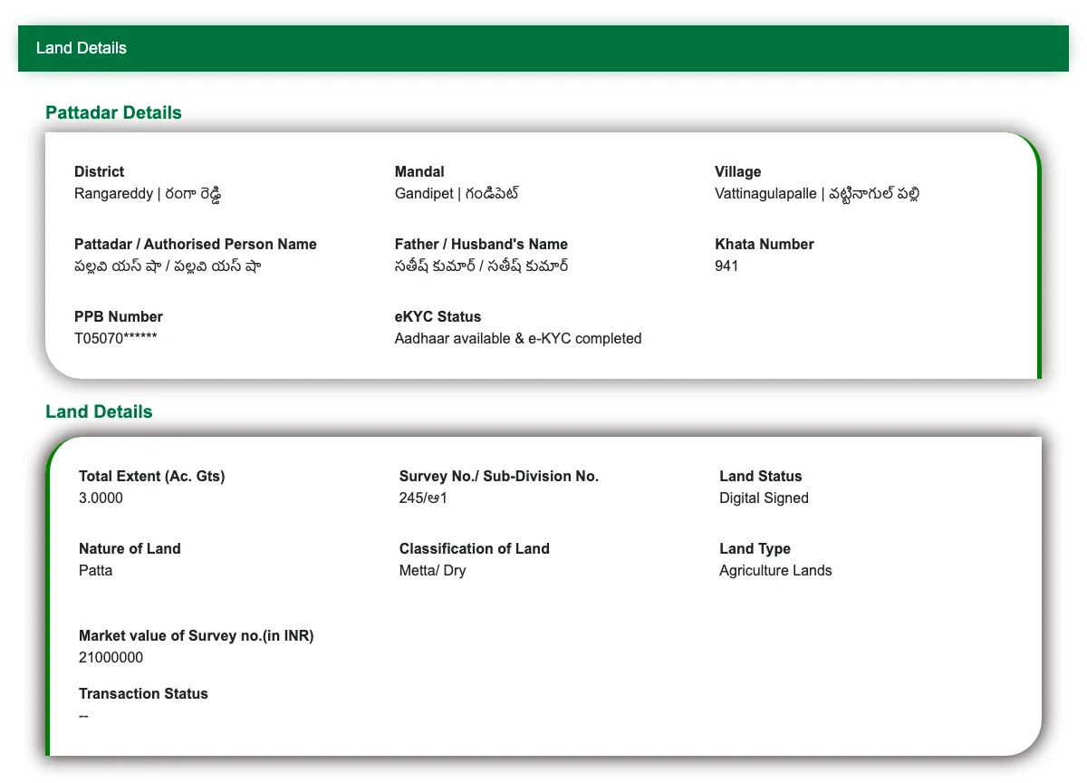 Bhu Bharati record for Survey 245/ఆ1 showing Pallavi S. Shah as pattadar