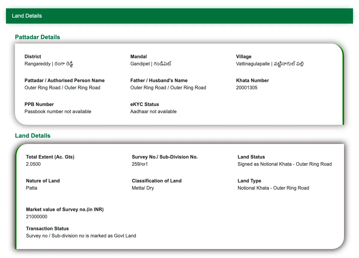Bhu Bharati record for Survey 259/అ1 showing Outer Ring Road as pattadar (government acquired land)
