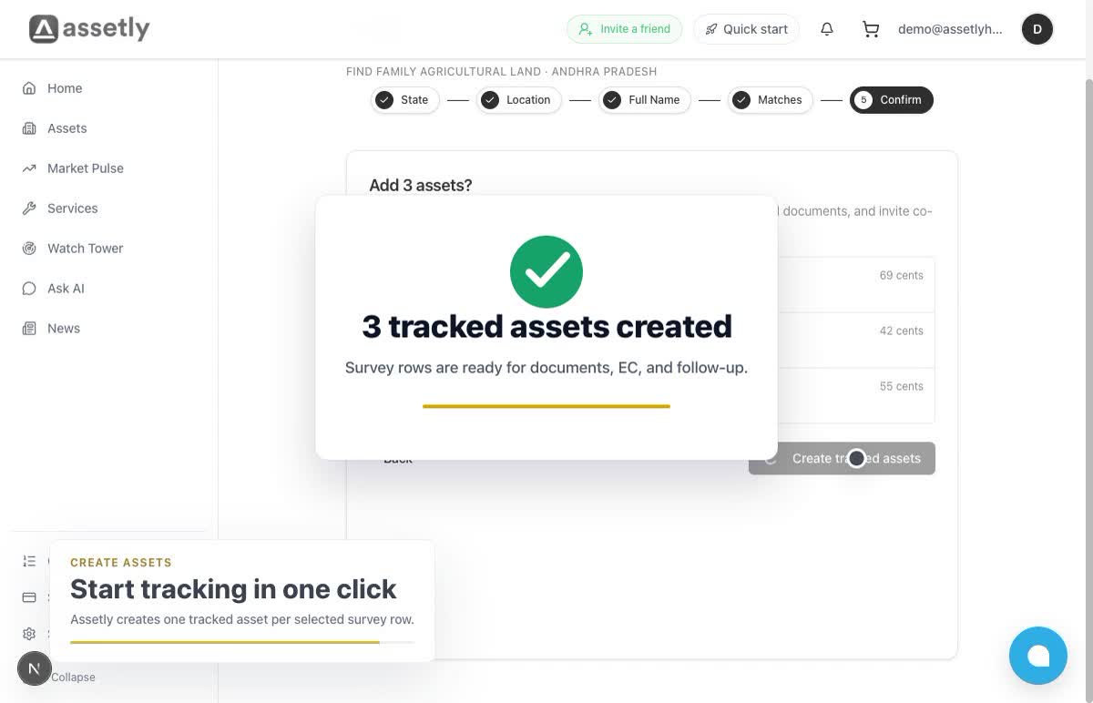 Assetly Search Land demo ending on three tracked assets created