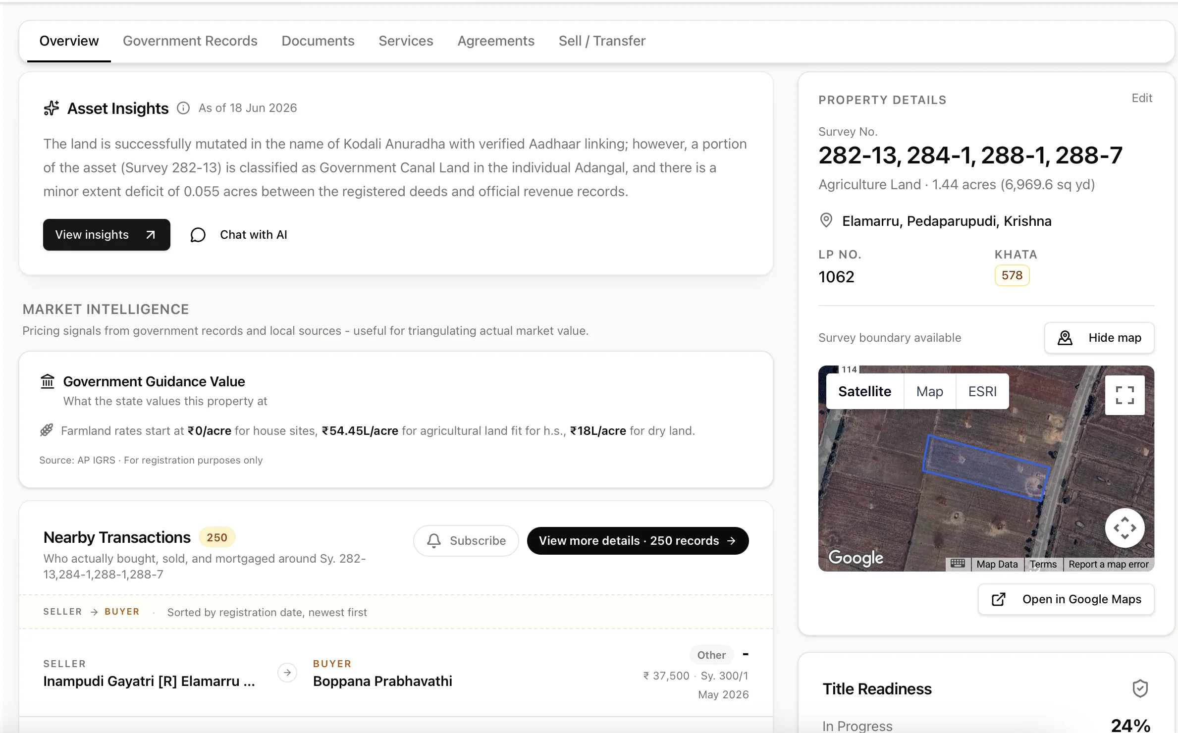 Assetly asset page with property health checks, market intelligence, and government records