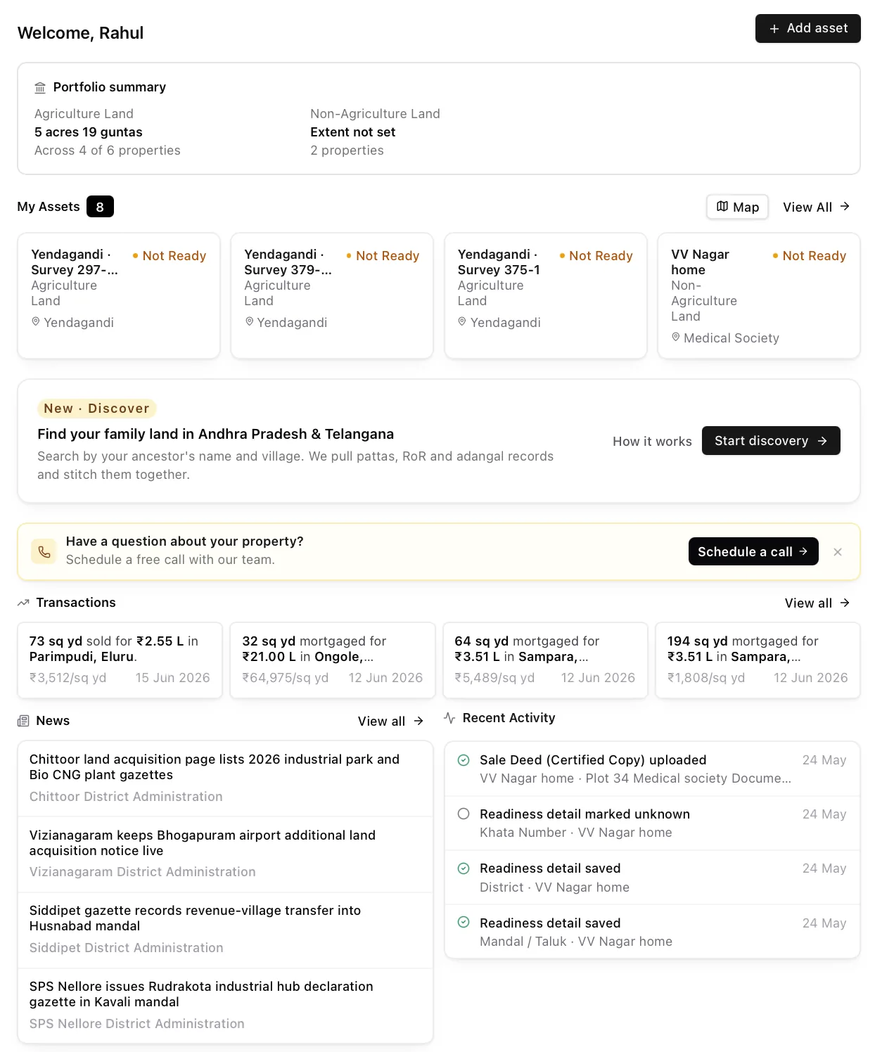 Assetly dashboard showing a property portfolio with readiness on each asset